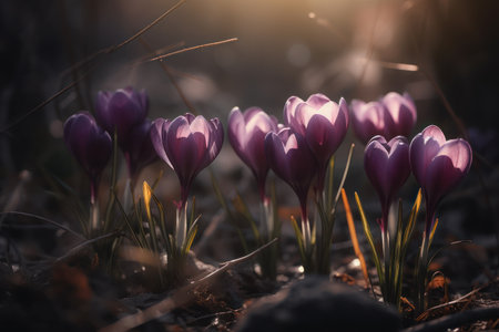 Beautiful purple crocus flowers in the sunlightの素材