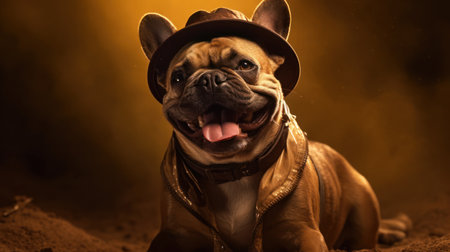 A happy and silly French bulldog, dressed as Indiana Jones, laughs heartily against a shimmering gold backgroundの素材