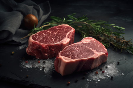 Two fresh beef steaks on slate with a sprinkle of herbs and spices, artistic compositionの素材