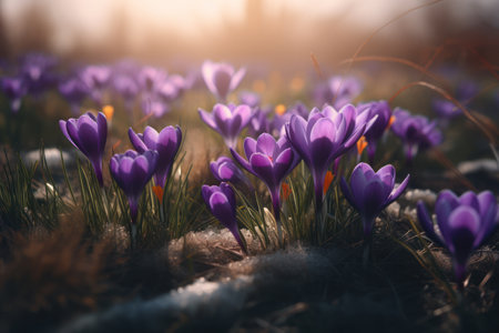 Beautiful purple crocus flowers in the sunlightの素材