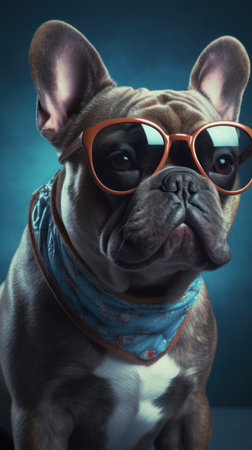 Cute French bulldog portrait with stylish sunglasses on blue backdropの素材