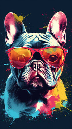 A colorful geometric background serves as the perfect complement to the cool Frenchie with sunglassesの素材