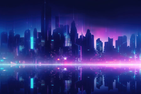 Wide angle futuristic city skyline in blue and purple huesの素材