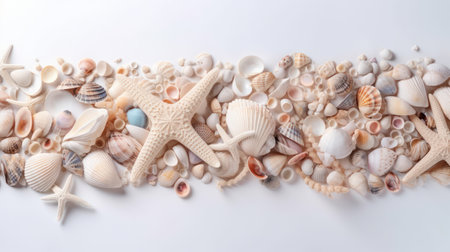 A nautical-inspired composition of various shells and starfish arranged in geometric figures on a white backgroundの素材
