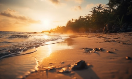 A breathtaking view of the sunrise over a tropical beach with a soft bokeh backgroundの素材
