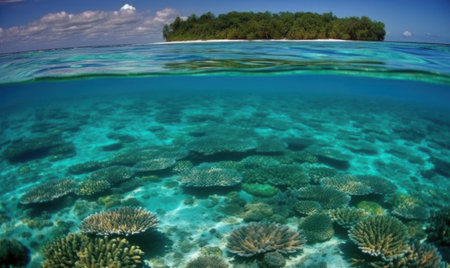 A breathtaking underwater view of a tropical paradise filled with shells, starfish, and beads on the ocean floor.の素材