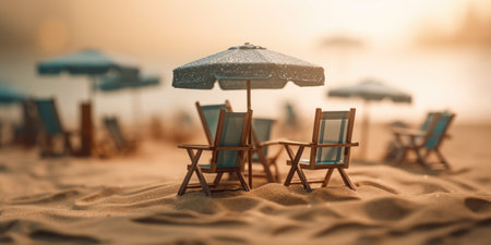 A hyper realistic tilt-shift beach scene featuring miniature people lounging under umbrellas on a pristine tropical beachの素材