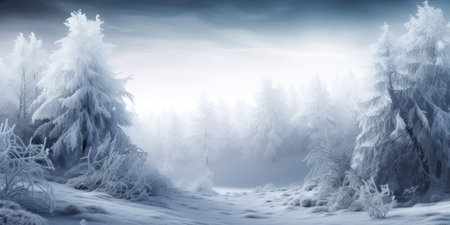 A frozen winter forest with a magical atmosphere and a touch of elegance in a minimalist styleの素材