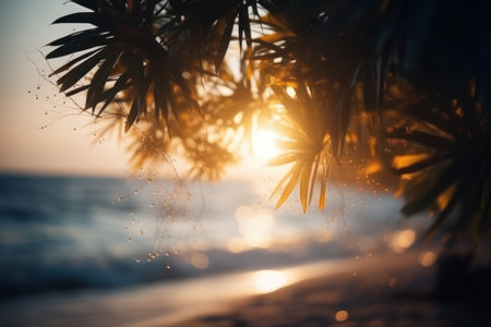 A breathtaking view of the sunrise over a tropical beach with a soft bokeh backgroundの素材