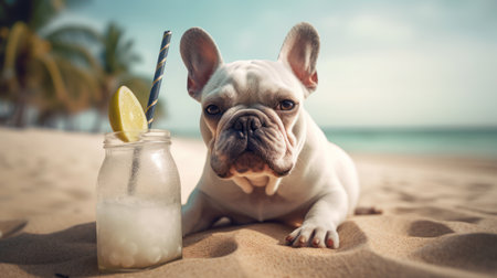A cute French bulldog takes in the sun and sips on a refreshing coconut on a tropical beachの素材