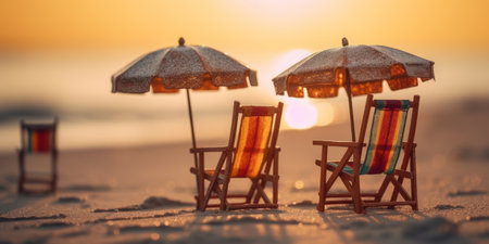 A hyper realistic tilt-shift beach scene featuring miniature people lounging under umbrellas on a pristine tropical beachの素材
