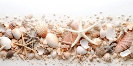 A nautical-inspired composition of various shells and starfish arranged in geometric figures on a white backgroundの素材