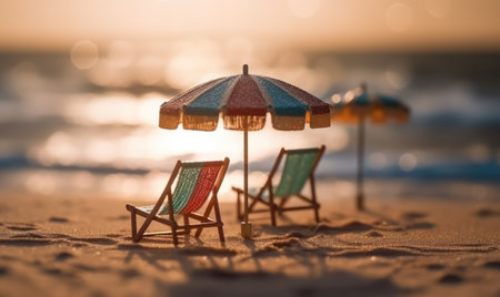 A hyper realistic tilt-shift beach scene featuring miniature people lounging under umbrellas on a pristine tropical beachの素材