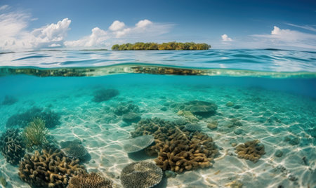 A breathtaking underwater view of a tropical paradise filled with shells, starfish, and beads on the ocean floor.の素材
