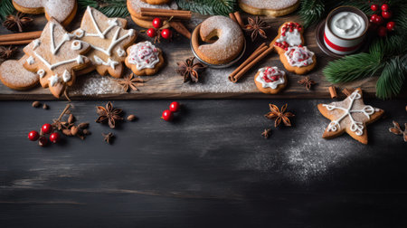 Cozy Christmas scene with gingerbread cookies, and decorative red ornaments in a rustic wooden frame.の素材