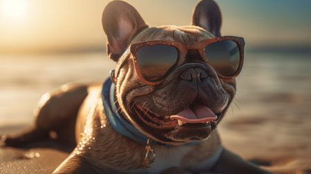 Happy French Bulldog enjoying the sun and sand on the beachの素材