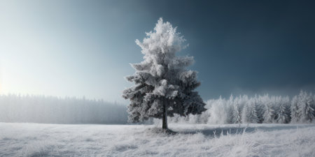 An elegant winter forest with a Christmas tree as the centerpiece. The dark coniferous trees and snow-covered ground create a serene and peaceful atmosphere.の素材