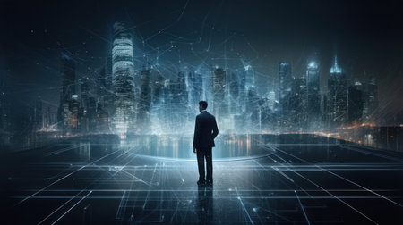 A virtual meeting between business partners in a high-tech cityの素材