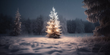 An elegant winter forest with a Christmas tree as the centerpiece. The dark coniferous trees and snow-covered ground create a serene and peaceful atmosphere.の素材