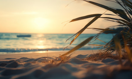 A breathtaking view of the sunrise over a tropical beach with a soft bokeh backgroundの素材