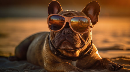 Happy French Bulldog enjoying the sun and sand on the beachの素材