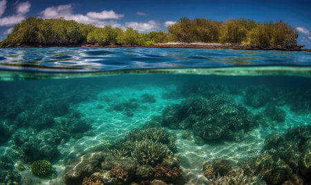 A breathtaking underwater view of a tropical paradise filled with shells, starfish, and beads on the ocean floor.の素材
