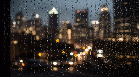A stunning cityscape with bokeh effect and raindrop-speckled glass foregroundの素材