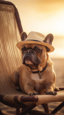 "An adorable French bulldog enjoying an exotic beach vacation, watching the waves crash onto the sandy shoreの素材