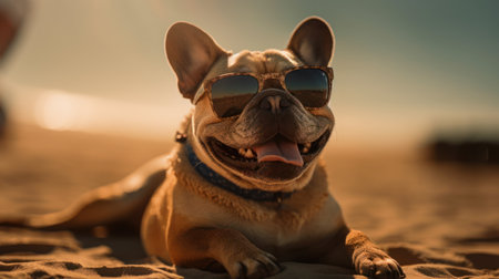 Happy French Bulldog enjoying the sun and sand on the beachの素材