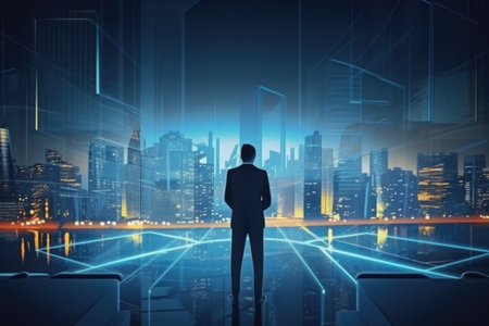 A virtual meeting between business partners in a high-tech cityの素材