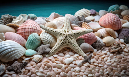 A collection of nautical decorations featuring shells and starfish in bright colorsの素材
