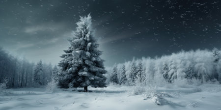An elegant winter forest with a Christmas tree as the centerpiece. The dark coniferous trees and snow-covered ground create a serene and peaceful atmosphere.の素材