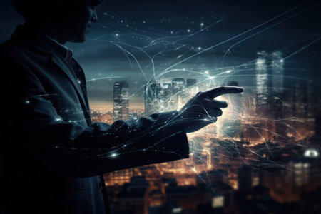 A virtual meeting between business partners in a high-tech cityの素材