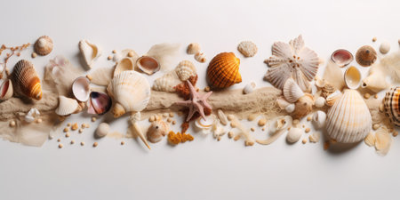 A nautical-inspired composition of various shells and starfish arranged in geometric figures on a white backgroundの素材
