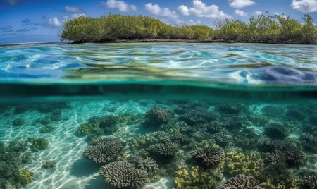 A breathtaking underwater view of a tropical paradise filled with shells, starfish, and beads on the ocean floor.の素材