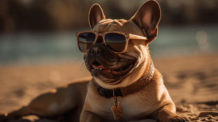 Happy French Bulldog enjoying the sun and sand on the beachの素材