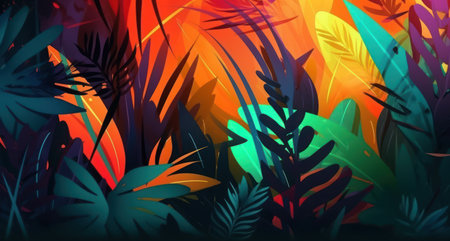 Artistic interpretation of a tropical jungle using gradients and abstract shapesの素材