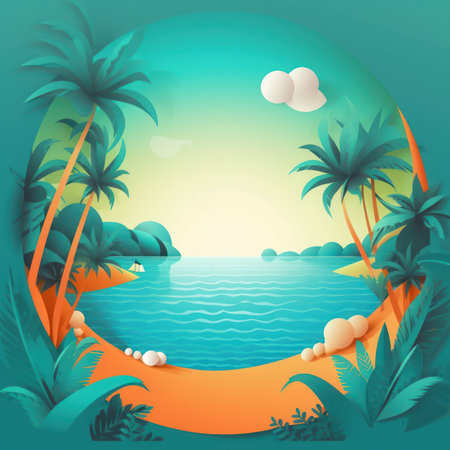 A vibrant paper cutout artwork with a colorful and lively tropical landscape showcasing the beauty of the beach, palm trees, and oceanの素材