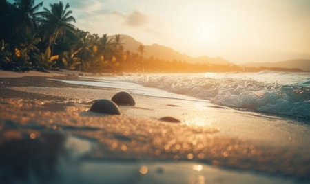A breathtaking view of the sunrise over a tropical beach with a soft bokeh backgroundの素材