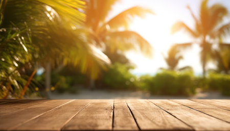 Serene Coastal Getaway: Blurred beach backdrop with an empty wooden tableの素材
