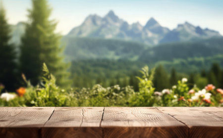 Scenic Mountain View: Empty Wooden Table in Summer Meadowの素材