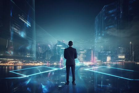 A virtual meeting between business partners in a high-tech cityの素材