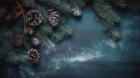 Minimalist winter banner with a shimmering blue background and green branchesの素材