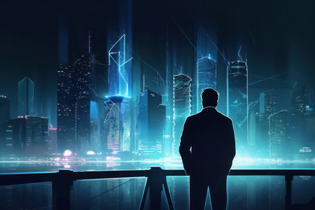 A virtual meeting between business partners in a high-tech cityの素材