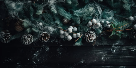 Minimalist winter banner with a shimmering blue background and green branchesの素材