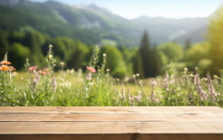 Scenic Mountain View: Empty Wooden Table in Summer Meadowの素材