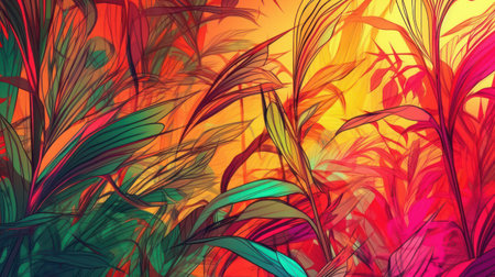 Colorful abstract background with a tropical feel, featuring shades of pink, orange, and greenの素材