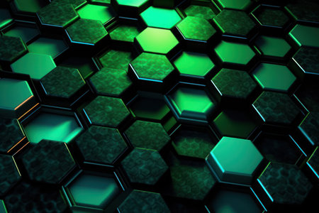 Dynamic abstract background with blurred green hexagons on black.の素材