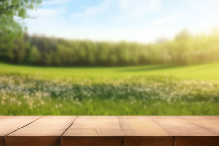 A blurred spring meadow beautifully complements an empty wooden tableの素材