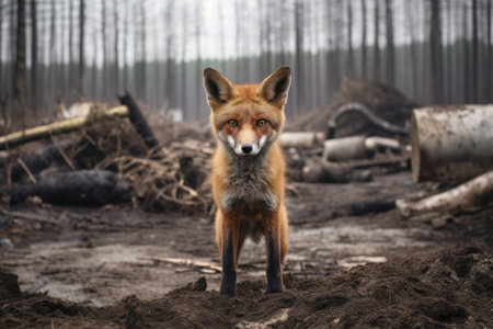 Heartbreaking image of a worn-out fox in a decimated woodlandの素材